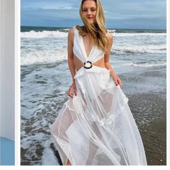 12th Tribe Helena White Mesh Cutout Laceup Back Maxi Dress Size - Picture 15 of 16